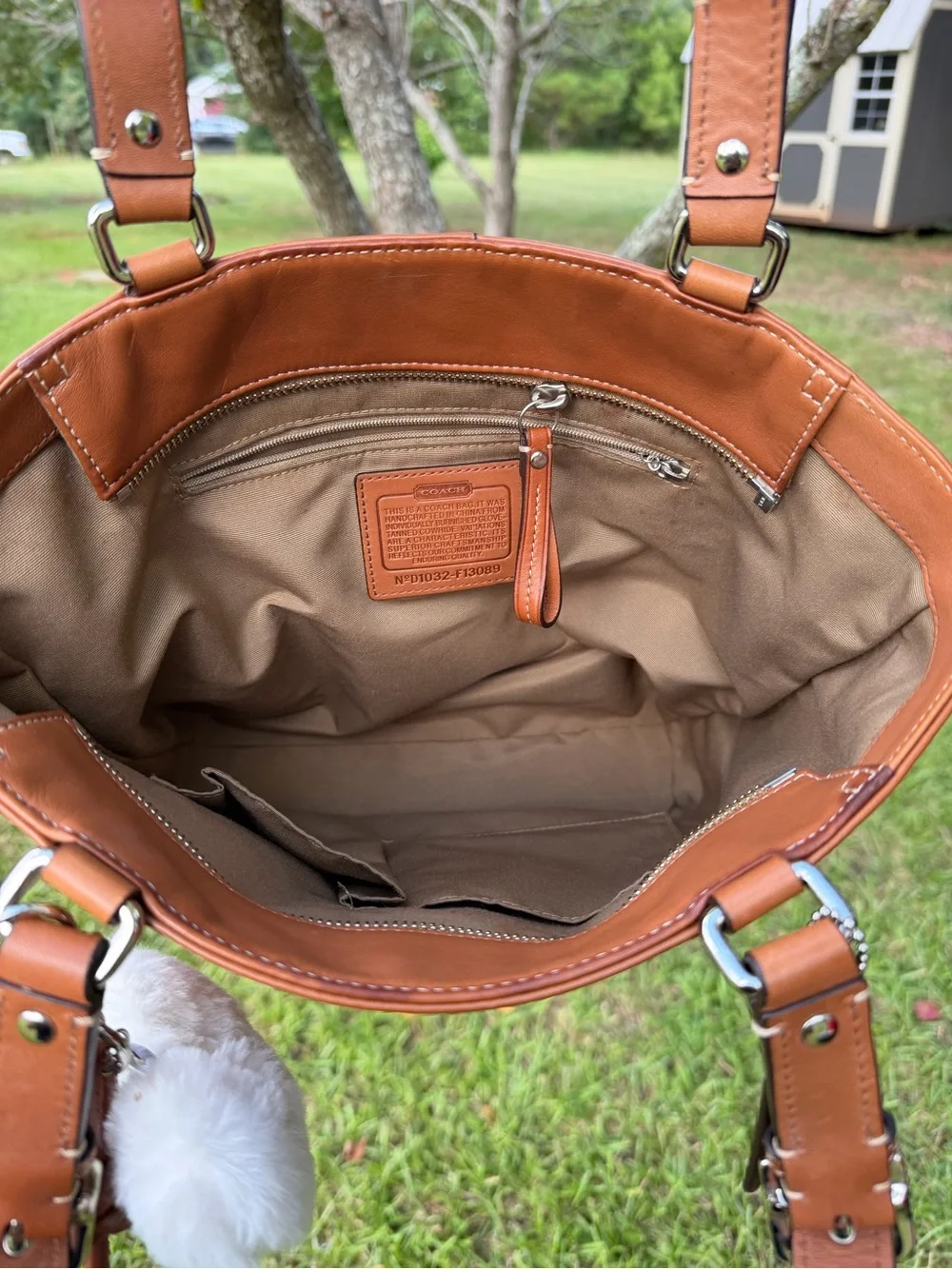 Coach Hamilton F13089 Burnished Leather Tote Cognac Brown Bag Dog Charm